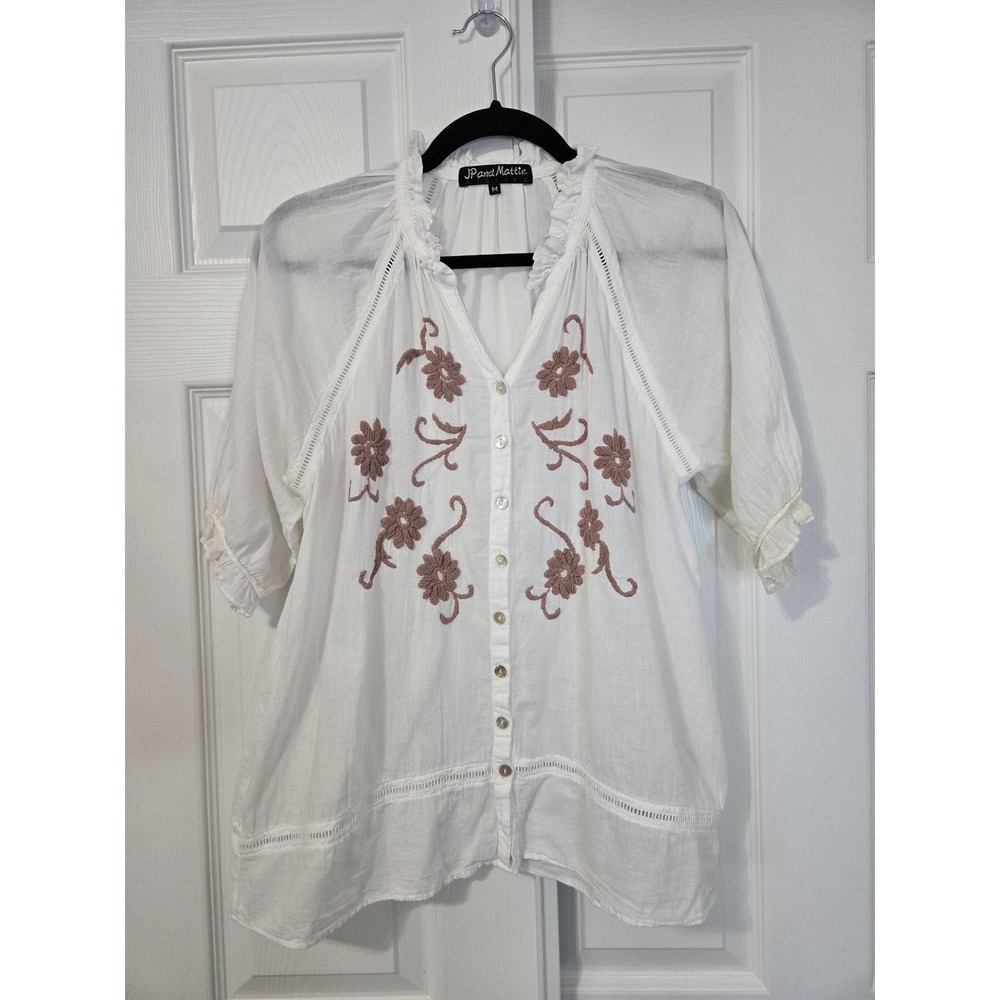 JP and Mattie White Cotton Floral Embroidered Button Front Boho Blouse Medium